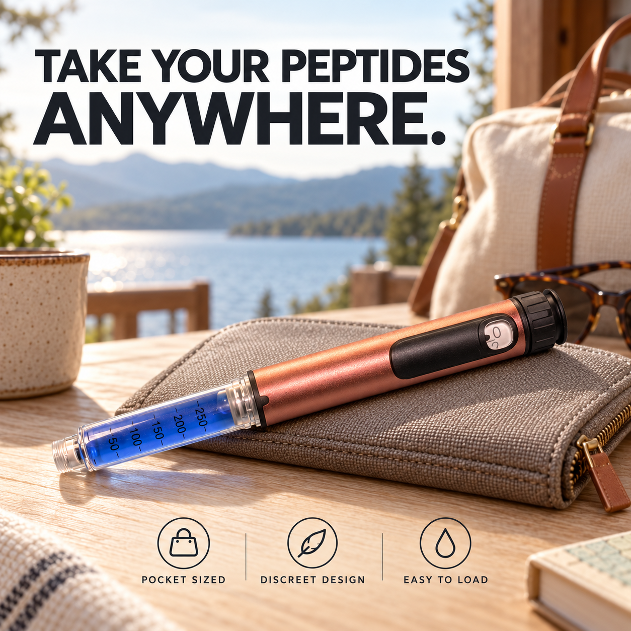 Copper injector pen resting on a travel wallet with a lake and mountains in the background