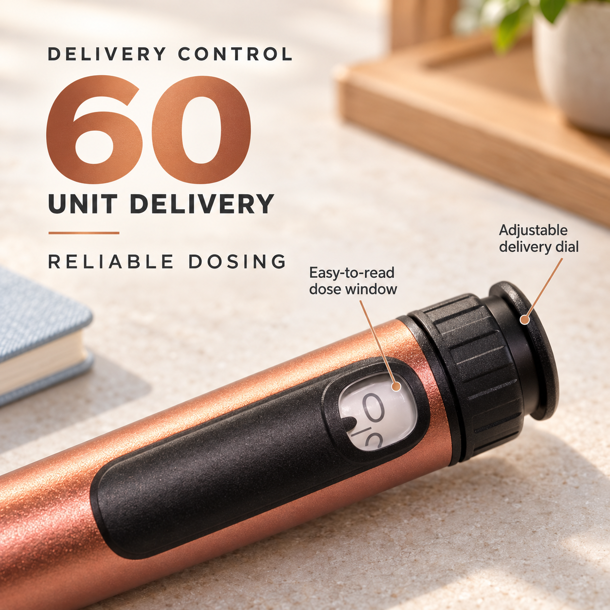 Close-up of the injector pen dose window and adjustable delivery dial