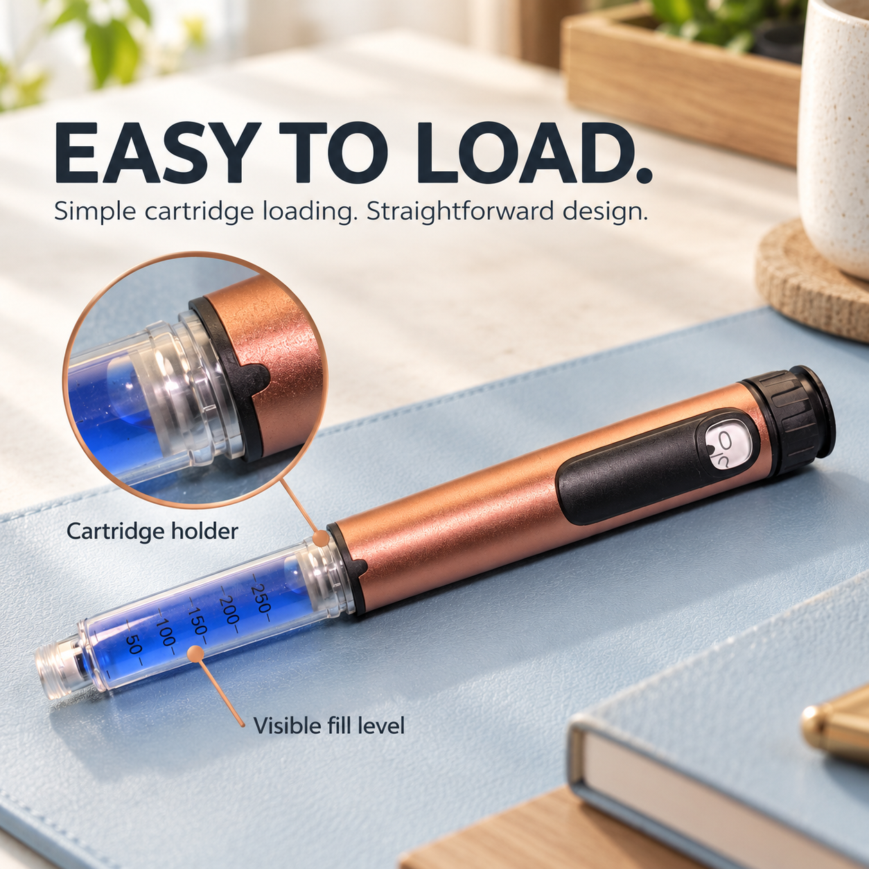 Injector pen with a magnified view of the clear cartridge holder and visible fill level