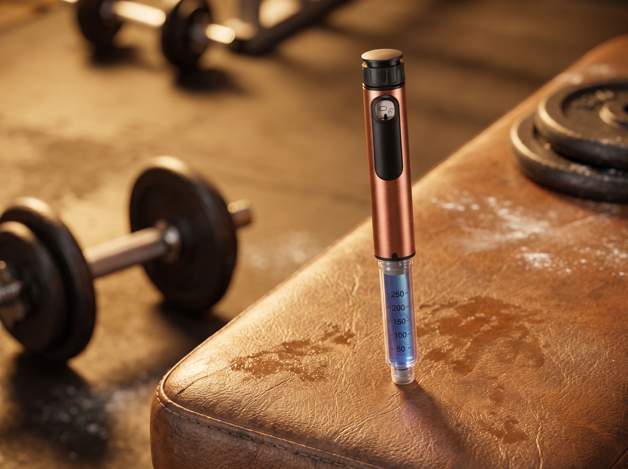 A copper research pen standing upright on a leather gym bench with dumbbells in the background