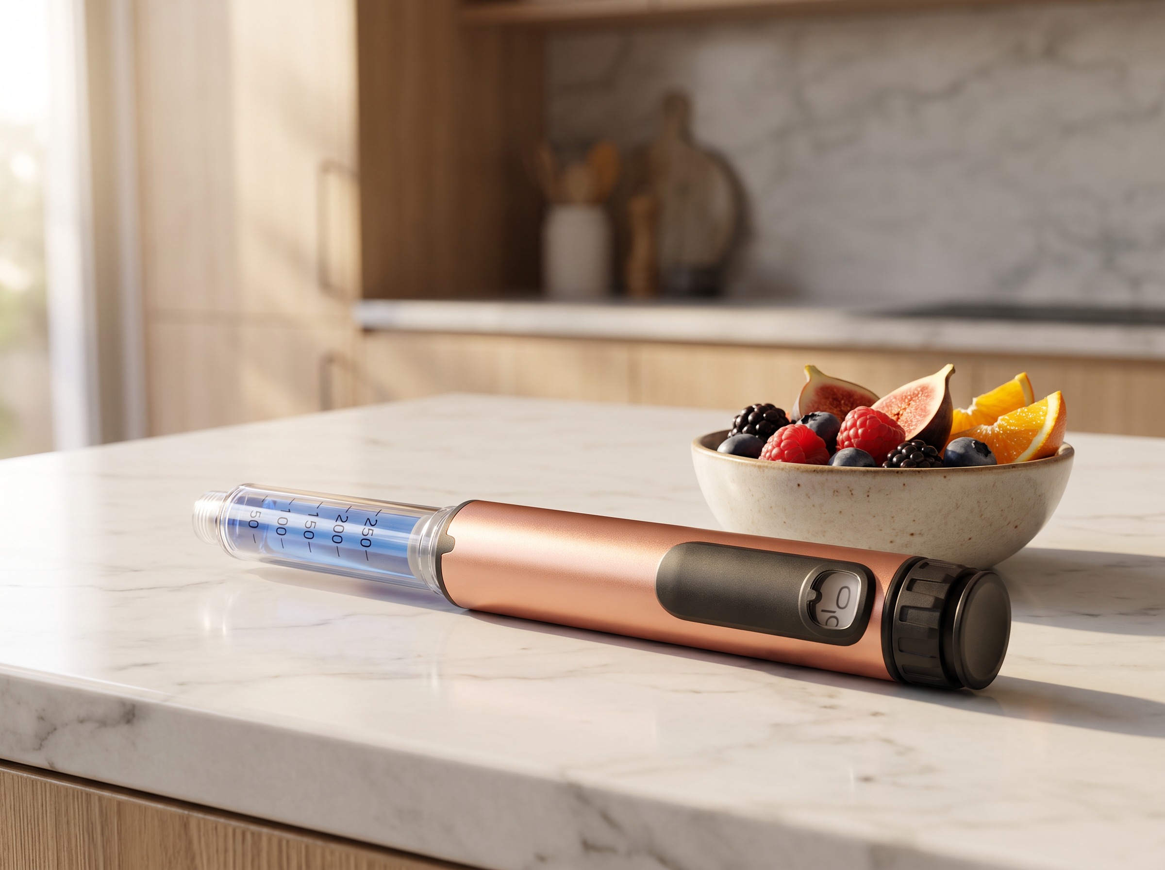 A copper research pen lying on a bright marble kitchen counter beside a bowl of fresh fruit